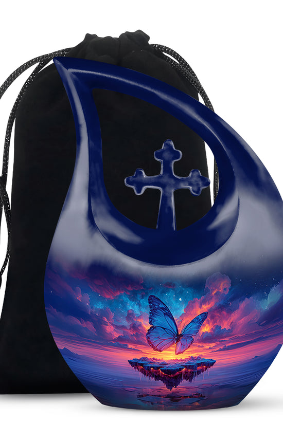 Powder Blue Butterfly Cremation Urn top-down view of secure threaded lid - sacred cross merged with butterfly motif on metal - full-size 10 inch 200 cubic inch adult cremation urn
