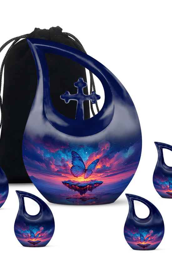 Misty Blue Butterfly Cremation Urn urn with complimentary velvet bag - sacred cross merged with butterfly motif on metal - memorial set with one large and four small urns