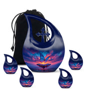 Misty Blue Butterfly Cremation Urn urn with complimentary velvet bag - sacred cross merged with butterfly motif on metal - memorial set with one large and four small urns
