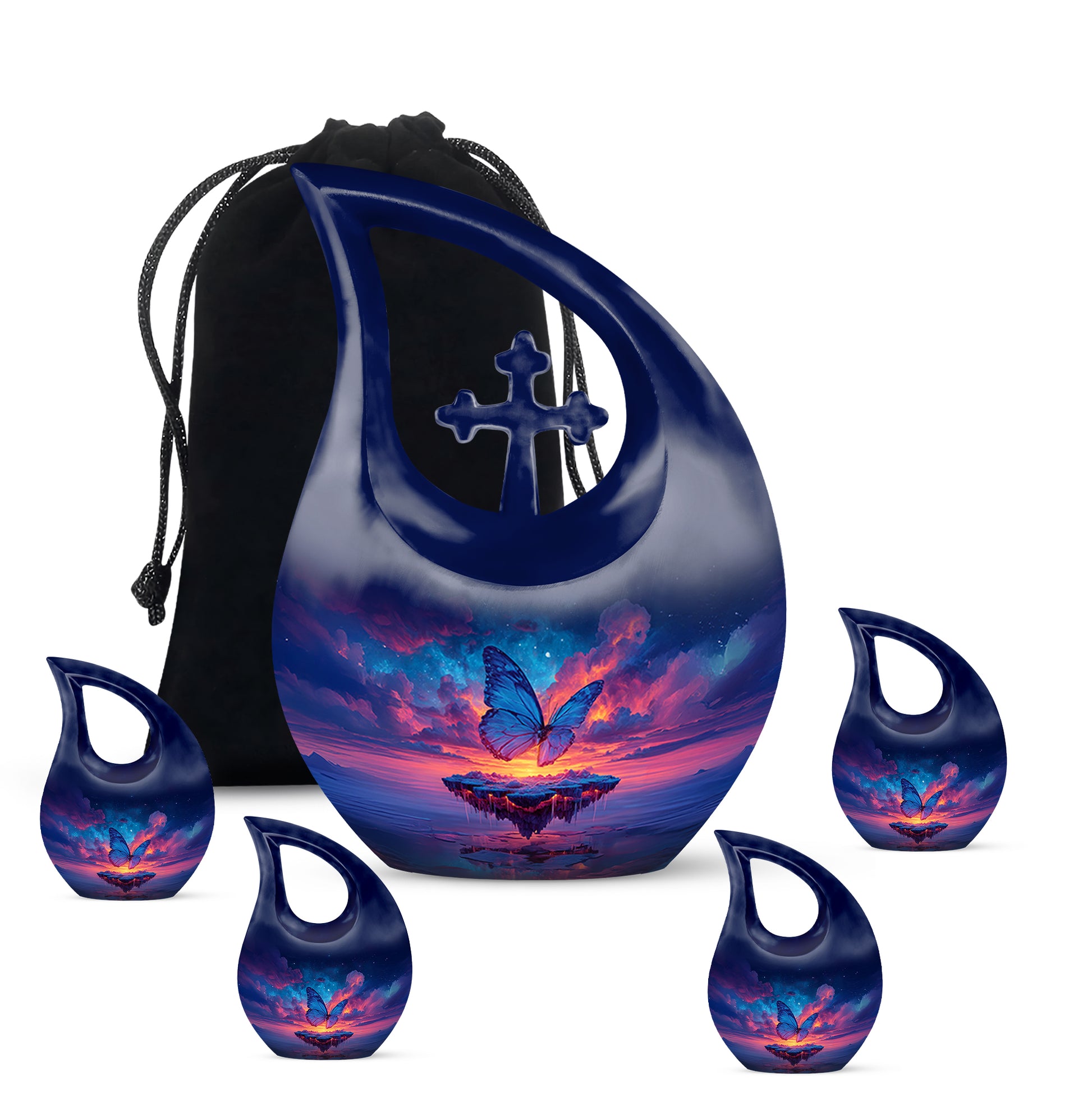 Misty Blue Butterfly Cremation Urn urn with complimentary velvet bag - sacred cross merged with butterfly motif on metal - memorial set with one large and four small urns