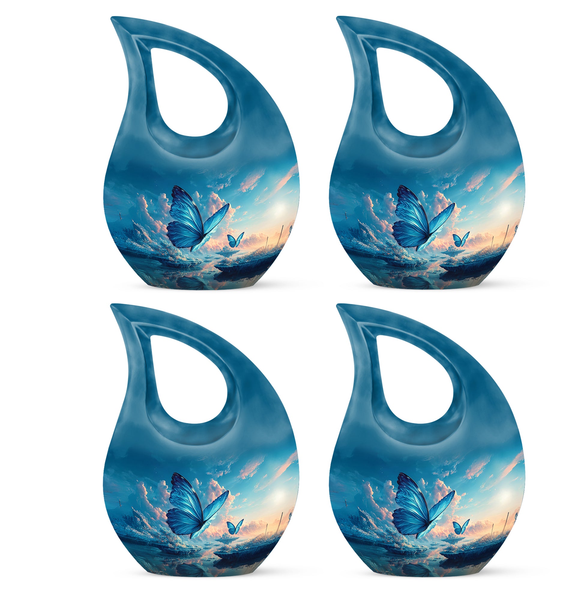 Dusty Blue Butterfly Cremation Urn lifestyle display on memorial shelf - cross and butterfly combined in spiritual memorial design - 10 inch aluminum urn for cremated remains