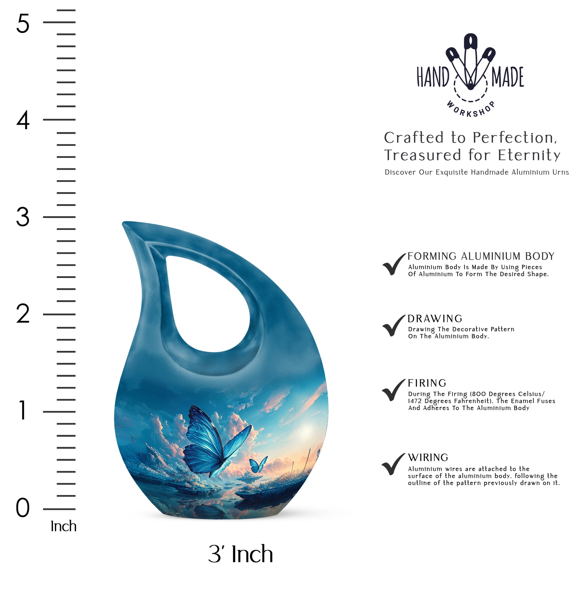 Navy Blue Butterfly Cremation Urn back view with polished surface - cross and butterfly combined in spiritual memorial design - mini keepsake memorial for portion of cremation ashes