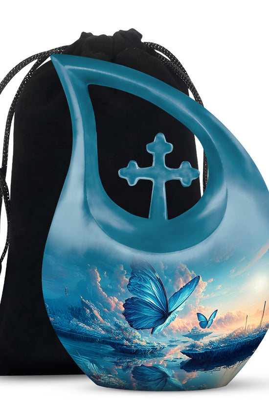 Indigo Butterfly Cremation Urn top-down view of secure threaded lid - cross and butterfly combined in spiritual memorial design - full-size 10 inch 200 cubic inch adult cremation urn