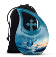 Indigo Butterfly Cremation Urn top-down view of secure threaded lid - cross and butterfly combined in spiritual memorial design - full-size 10 inch 200 cubic inch adult cremation urn