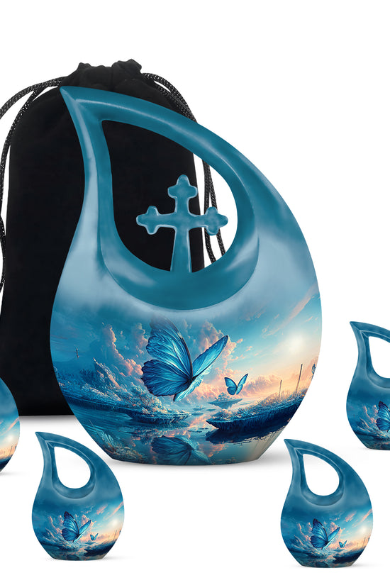 Twilight Blue Butterfly Cremation Urn urn with complimentary velvet bag - faith-inspired cross-drop urn with butterfly pattern - memorial set with one large and four small urns