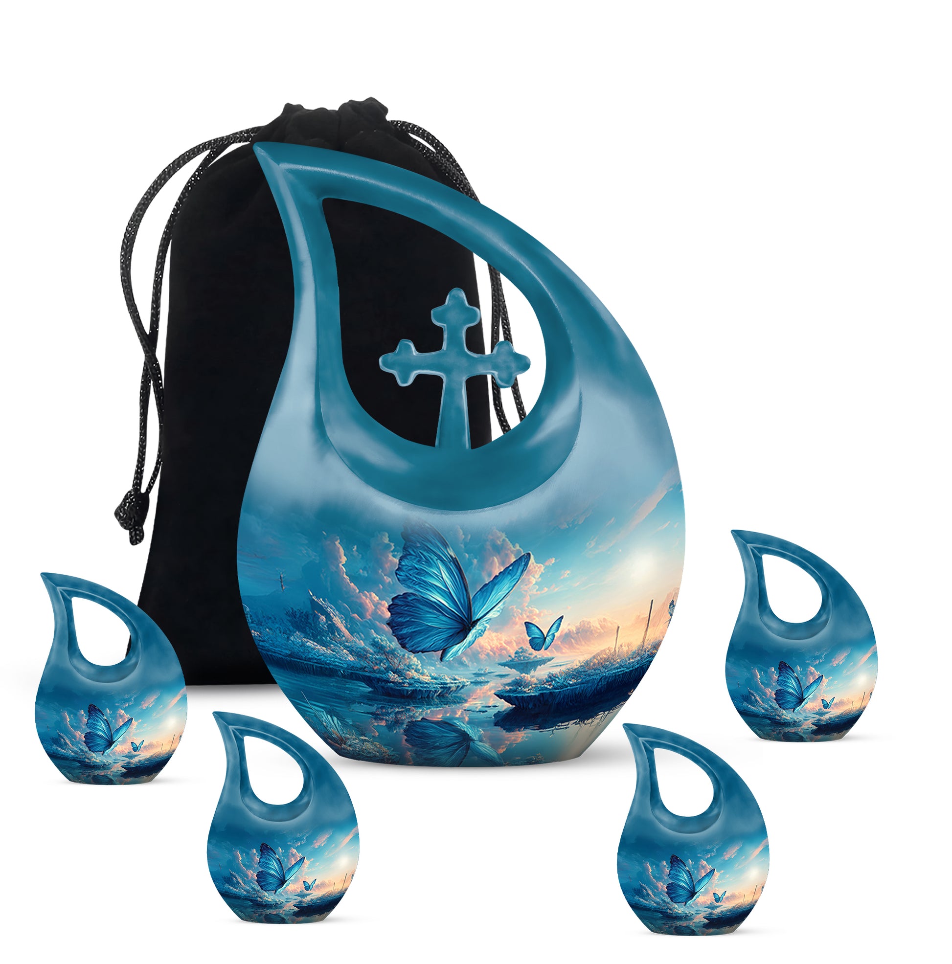 Twilight Blue Butterfly Cremation Urn urn with complimentary velvet bag - faith-inspired cross-drop urn with butterfly pattern - memorial set with one large and four small urns