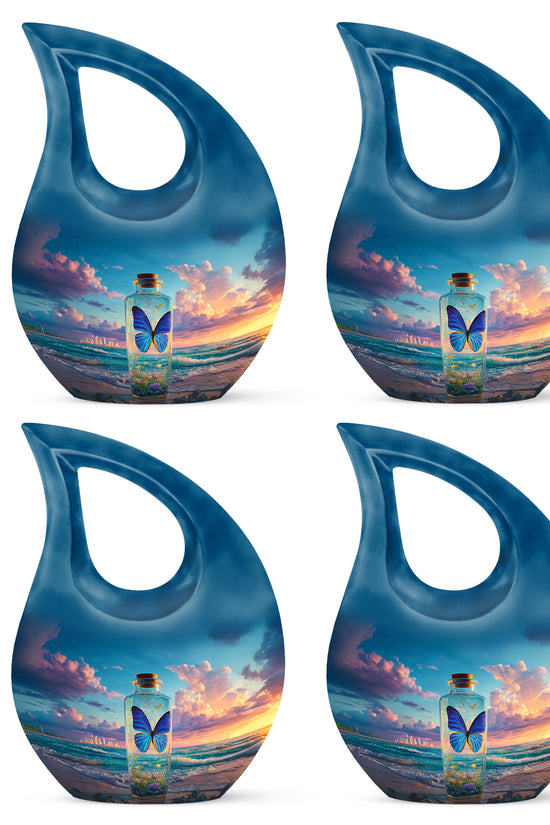 Bright Blue Butterfly Cremation Urn lifestyle display on memorial shelf - faith-inspired cross-drop urn with butterfly pattern - 10 inch aluminum urn for cremated remains