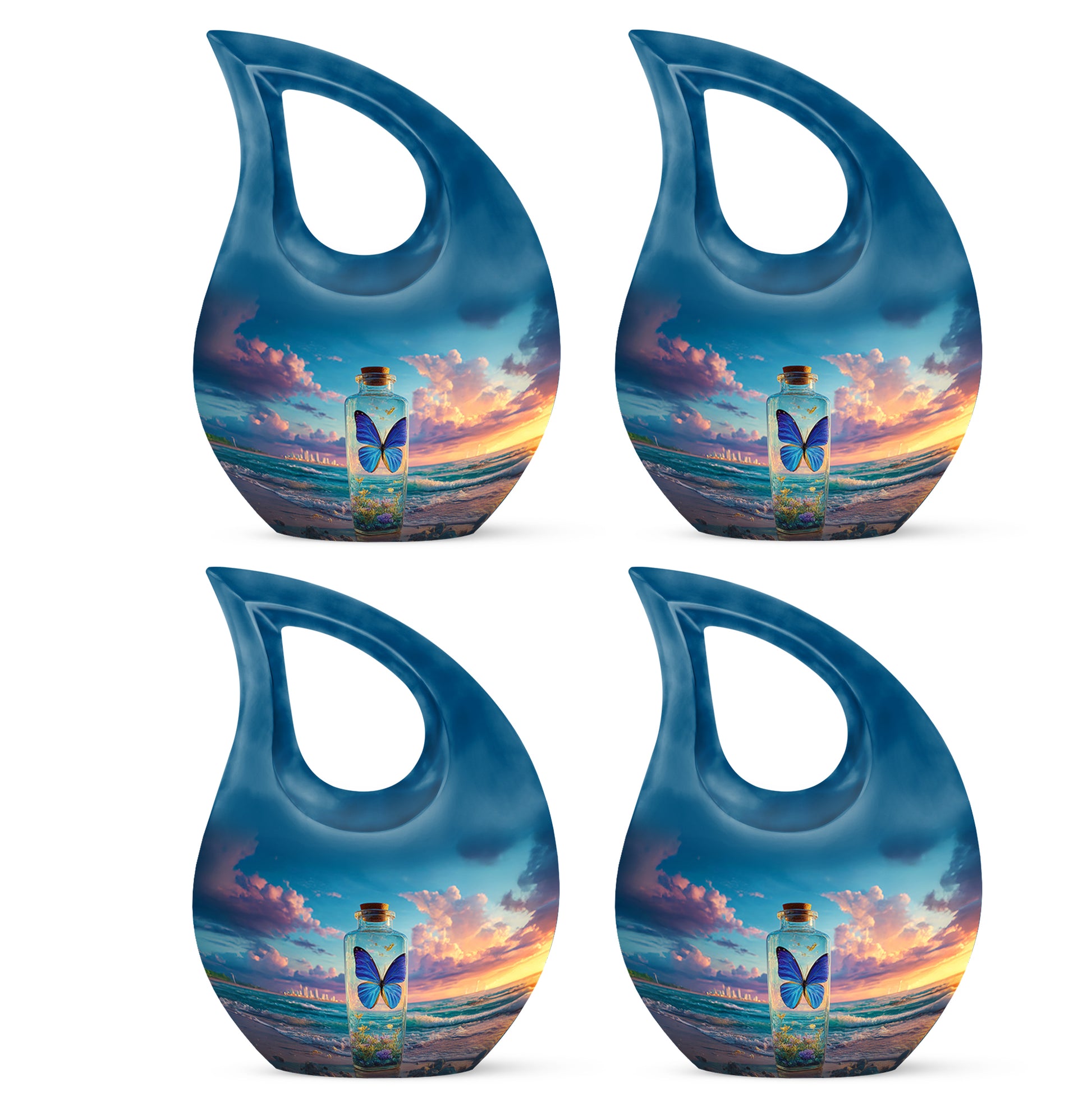 Bright Blue Butterfly Cremation Urn lifestyle display on memorial shelf - faith-inspired cross-drop urn with butterfly pattern - 10 inch aluminum urn for cremated remains