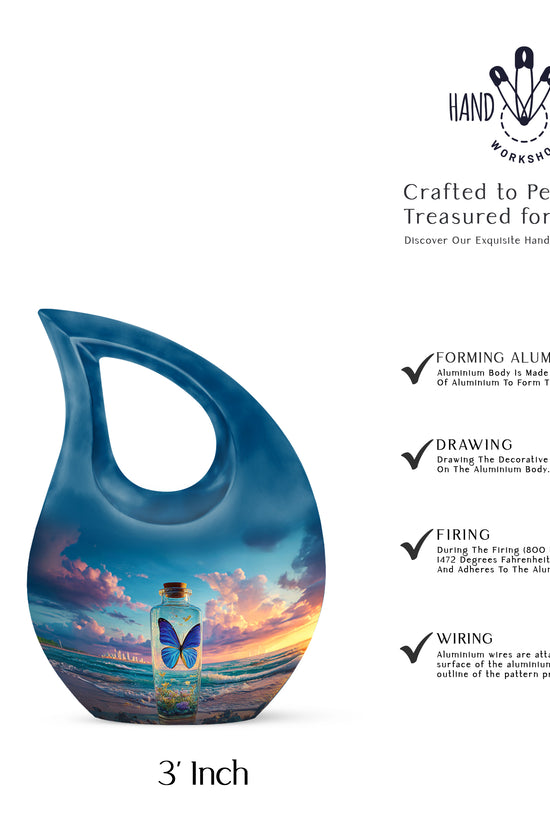 Indigo Butterfly Cremation Urn back view with polished surface - cross and butterfly combined in spiritual memorial design - mini keepsake memorial for portion of cremation ashes