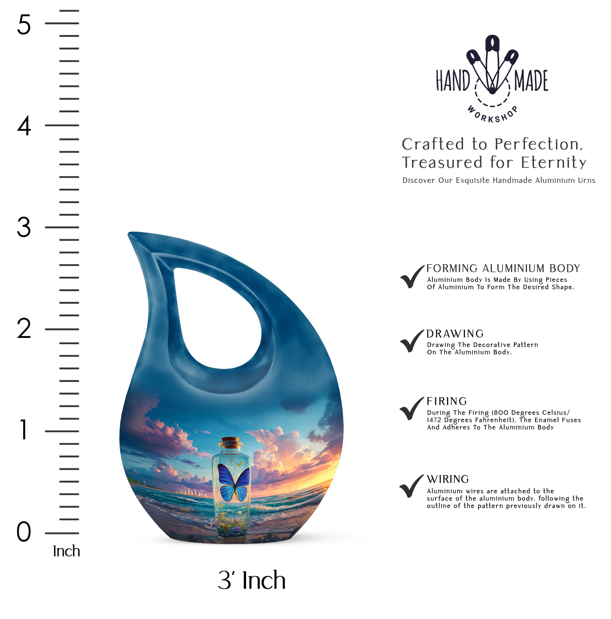 Indigo Butterfly Cremation Urn back view with polished surface - cross and butterfly combined in spiritual memorial design - mini keepsake memorial for portion of cremation ashes