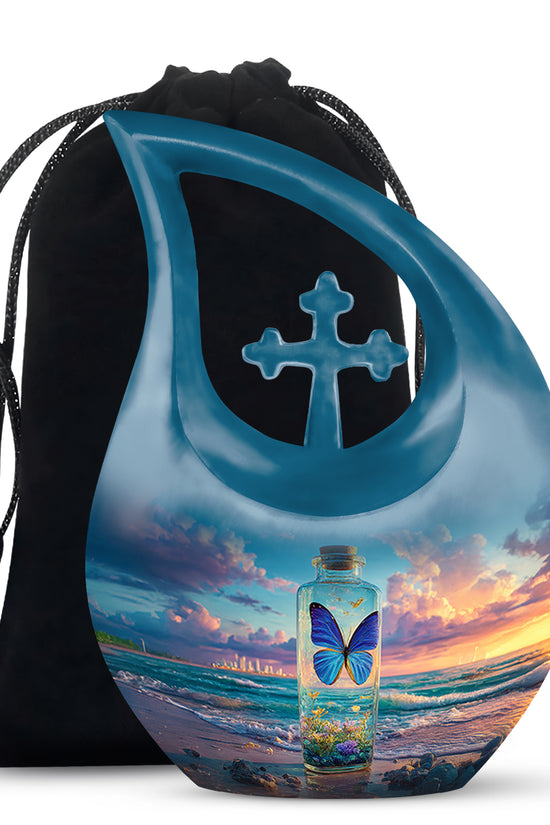 Soft Blue Butterfly Cremation Urn top-down view of secure threaded lid - faith-inspired cross-drop urn with butterfly pattern - full-size 10 inch 200 cubic inch adult cremation urn