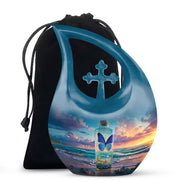 Soft Blue Butterfly Cremation Urn top-down view of secure threaded lid - faith-inspired cross-drop urn with butterfly pattern - full-size 10 inch 200 cubic inch adult cremation urn