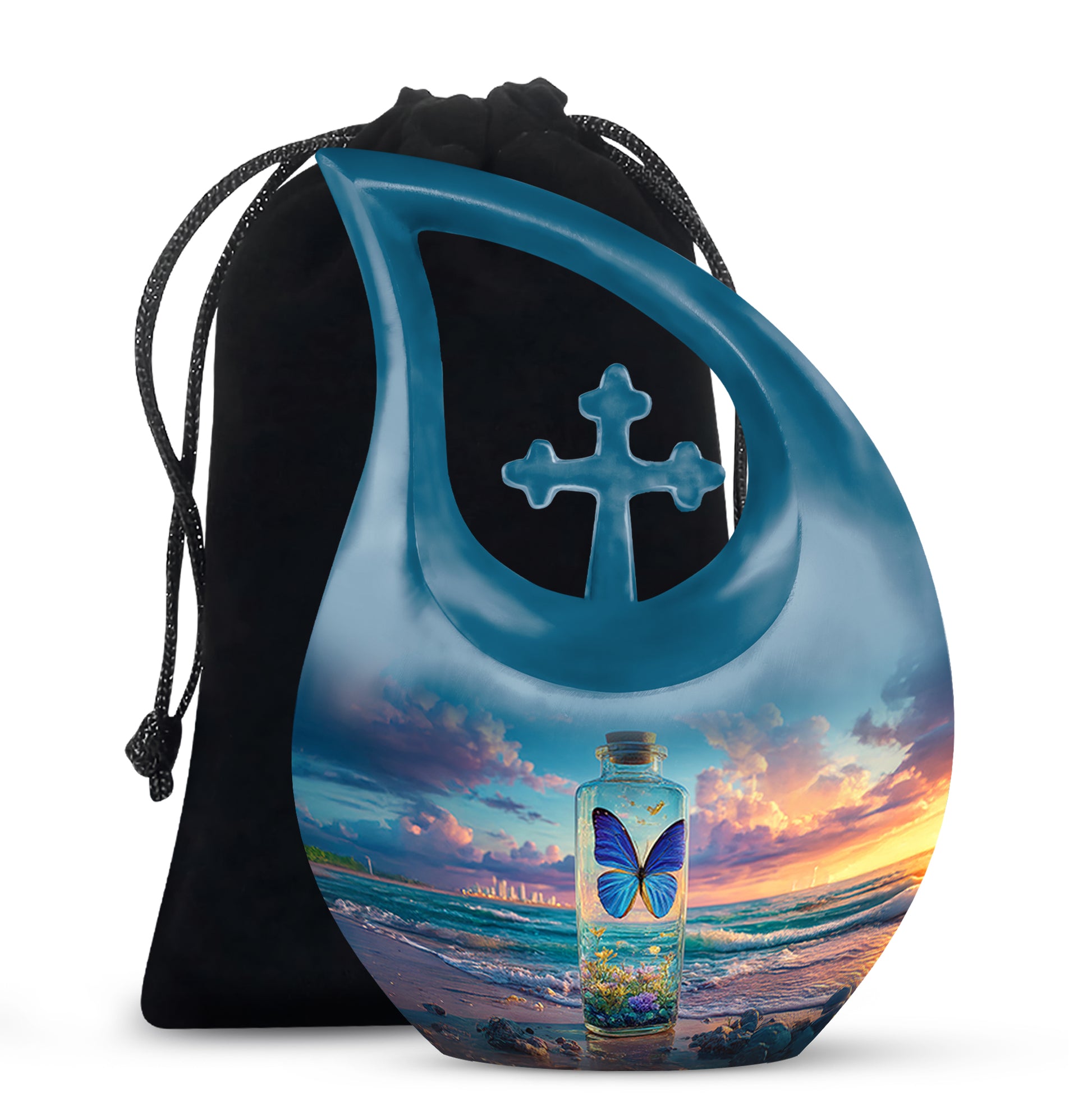 Soft Blue Butterfly Cremation Urn top-down view of secure threaded lid - faith-inspired cross-drop urn with butterfly pattern - full-size 10 inch 200 cubic inch adult cremation urn