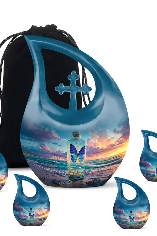 Azure Butterfly Cremation Urn urn with complimentary velvet bag - cross and butterfly combined in spiritual memorial design - memorial set with one large and four small urns