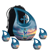 Azure Butterfly Cremation Urn urn with complimentary velvet bag - cross and butterfly combined in spiritual memorial design - memorial set with one large and four small urns