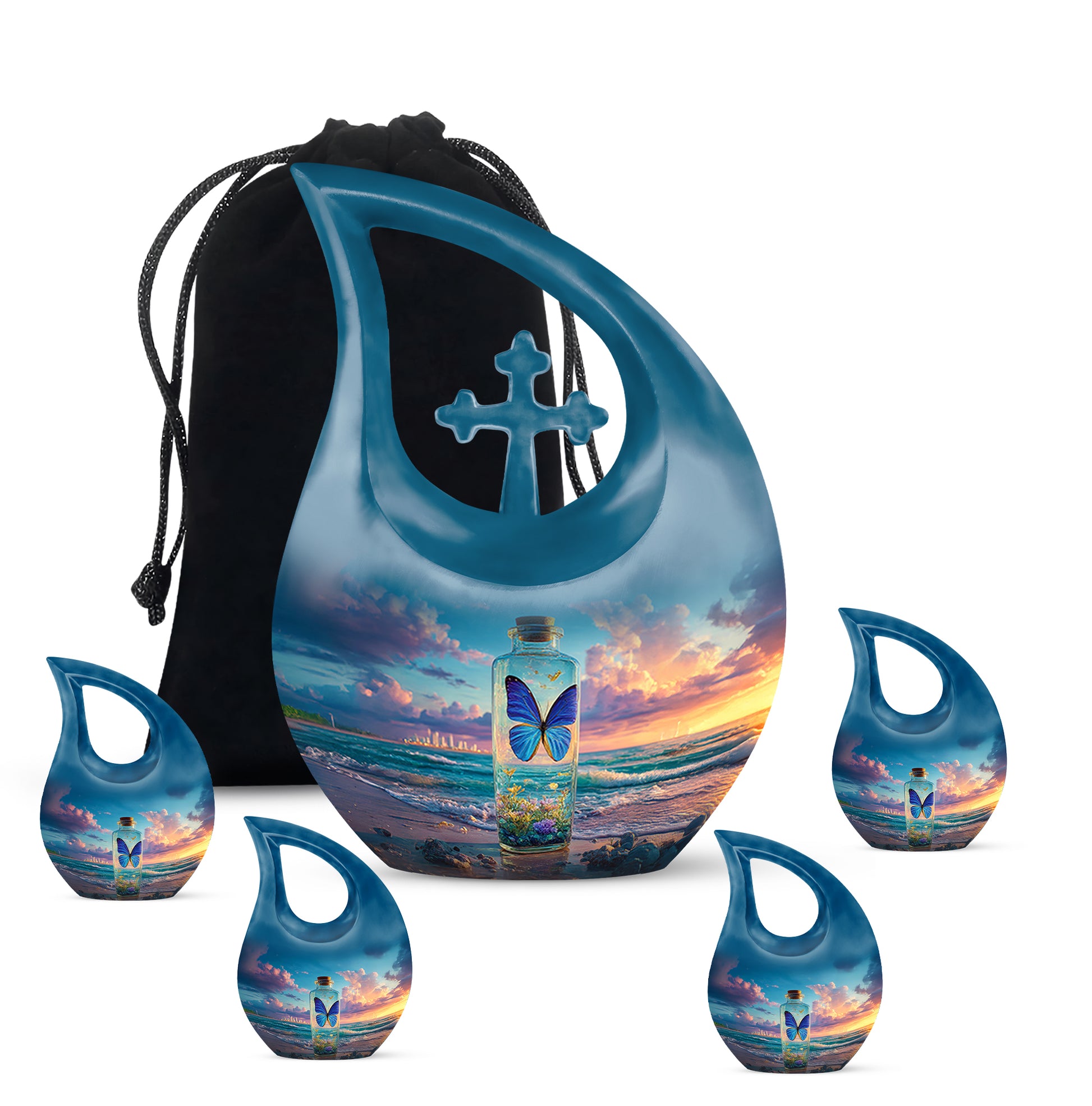 Azure Butterfly Cremation Urn urn with complimentary velvet bag - cross and butterfly combined in spiritual memorial design - memorial set with one large and four small urns