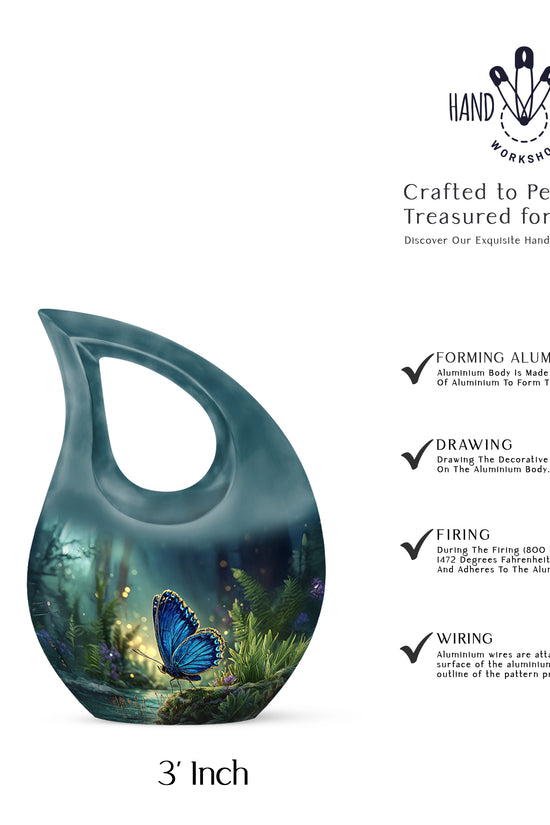 Calming Blue Butterfly Cremation Urn back view with polished surface - faith-inspired cross-drop urn with butterfly pattern - mini keepsake memorial for portion of cremation ashes