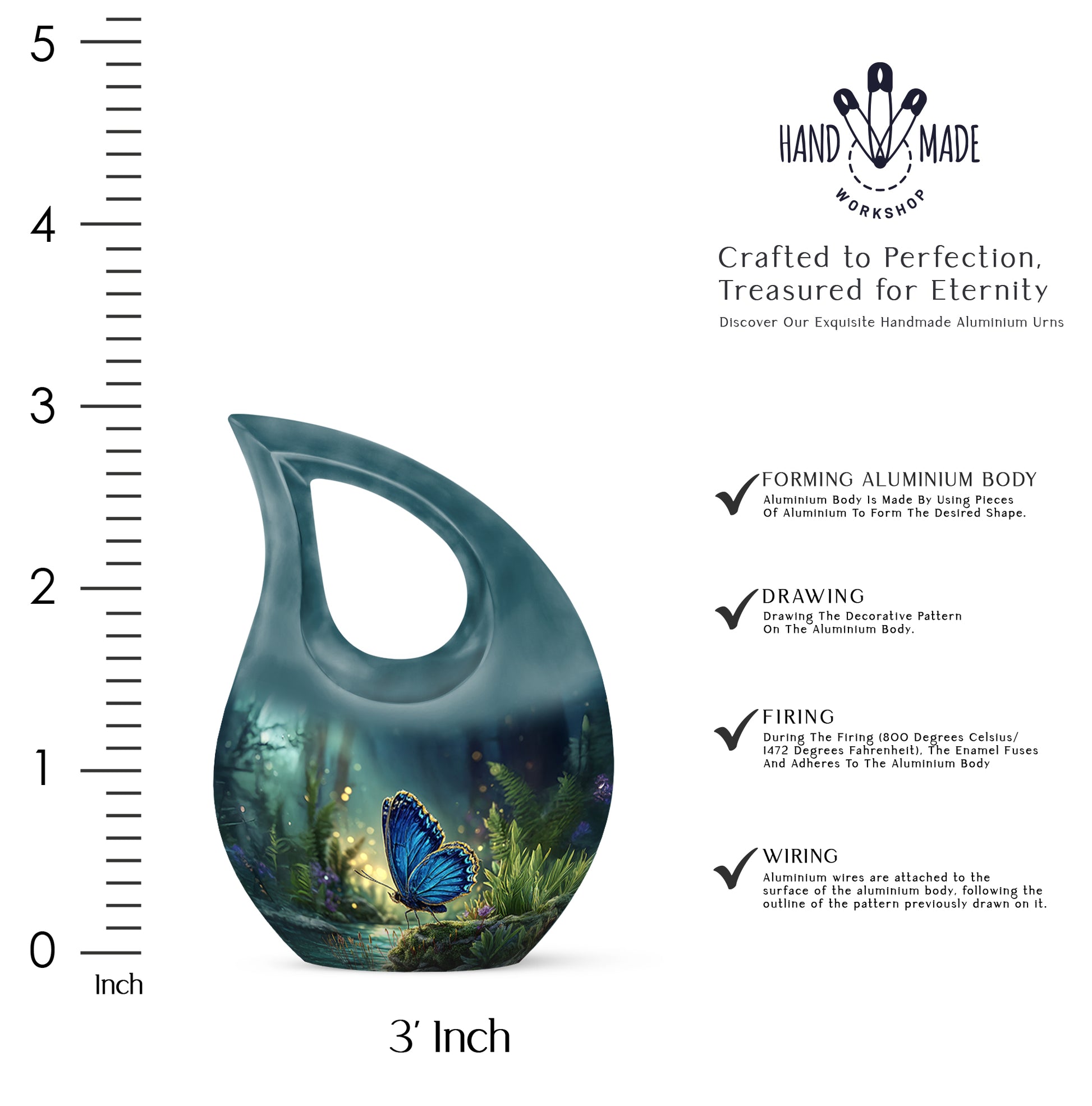 Calming Blue Butterfly Cremation Urn back view with polished surface - faith-inspired cross-drop urn with butterfly pattern - mini keepsake memorial for portion of cremation ashes