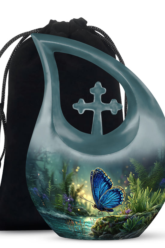 Royal Blue Butterfly Cremation Urn top-down view of secure threaded lid - faith-inspired cross-drop urn with butterfly pattern - full-size 10 inch 200 cubic inch adult cremation urn