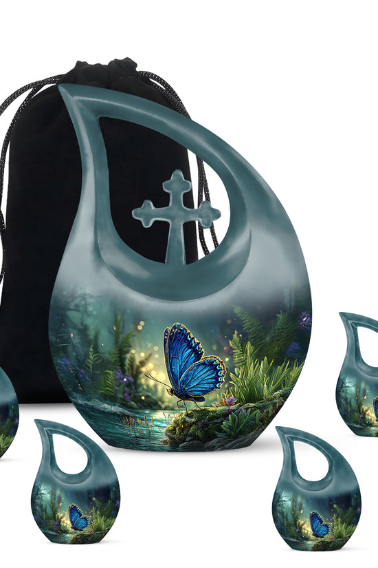 Celestial Blue Butterfly Cremation Urn urn with complimentary velvet bag - sacred cross merged with butterfly motif on metal - memorial set with one large and four small urns
