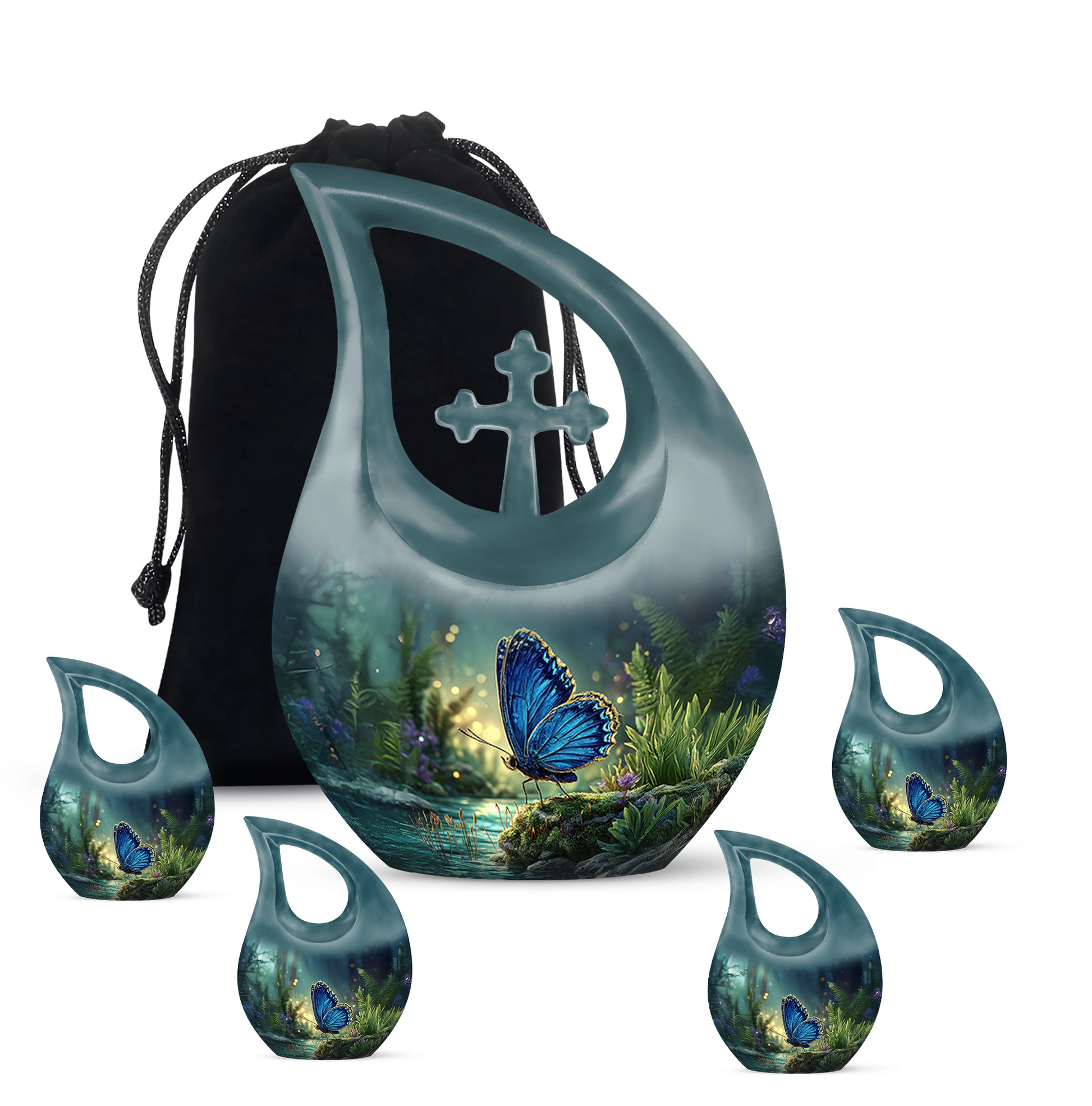 Celestial Blue Butterfly Cremation Urn urn with complimentary velvet bag - sacred cross merged with butterfly motif on metal - memorial set with one large and four small urns