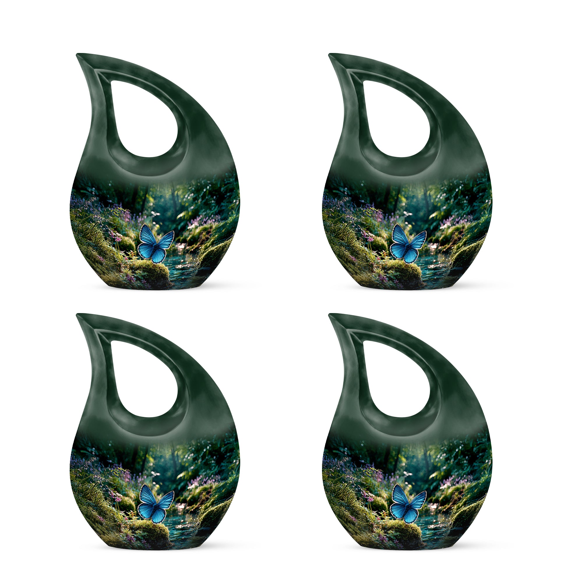 Sage Green Butterfly Cremation Urn lifestyle display on memorial shelf - sacred cross merged with butterfly motif on metal - 10 inch aluminum urn for cremated remains