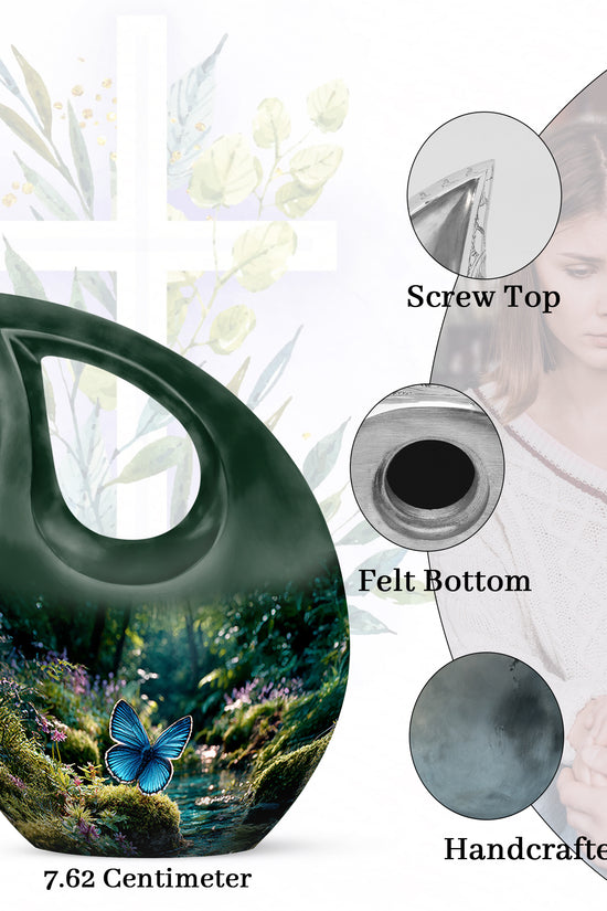Jade Green Butterfly Cremation Urn back view with polished surface - sacred cross merged with butterfly motif on metal - mini keepsake memorial for portion of cremation ashes