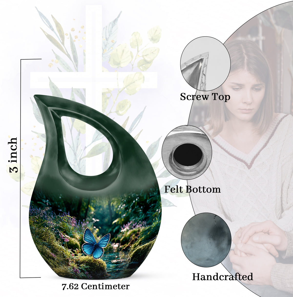 Jade Green Butterfly Cremation Urn back view with polished surface - sacred cross merged with butterfly motif on metal - mini keepsake memorial for portion of cremation ashes