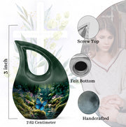 Jade Green Butterfly Cremation Urn back view with polished surface - sacred cross merged with butterfly motif on metal - mini keepsake memorial for portion of cremation ashes