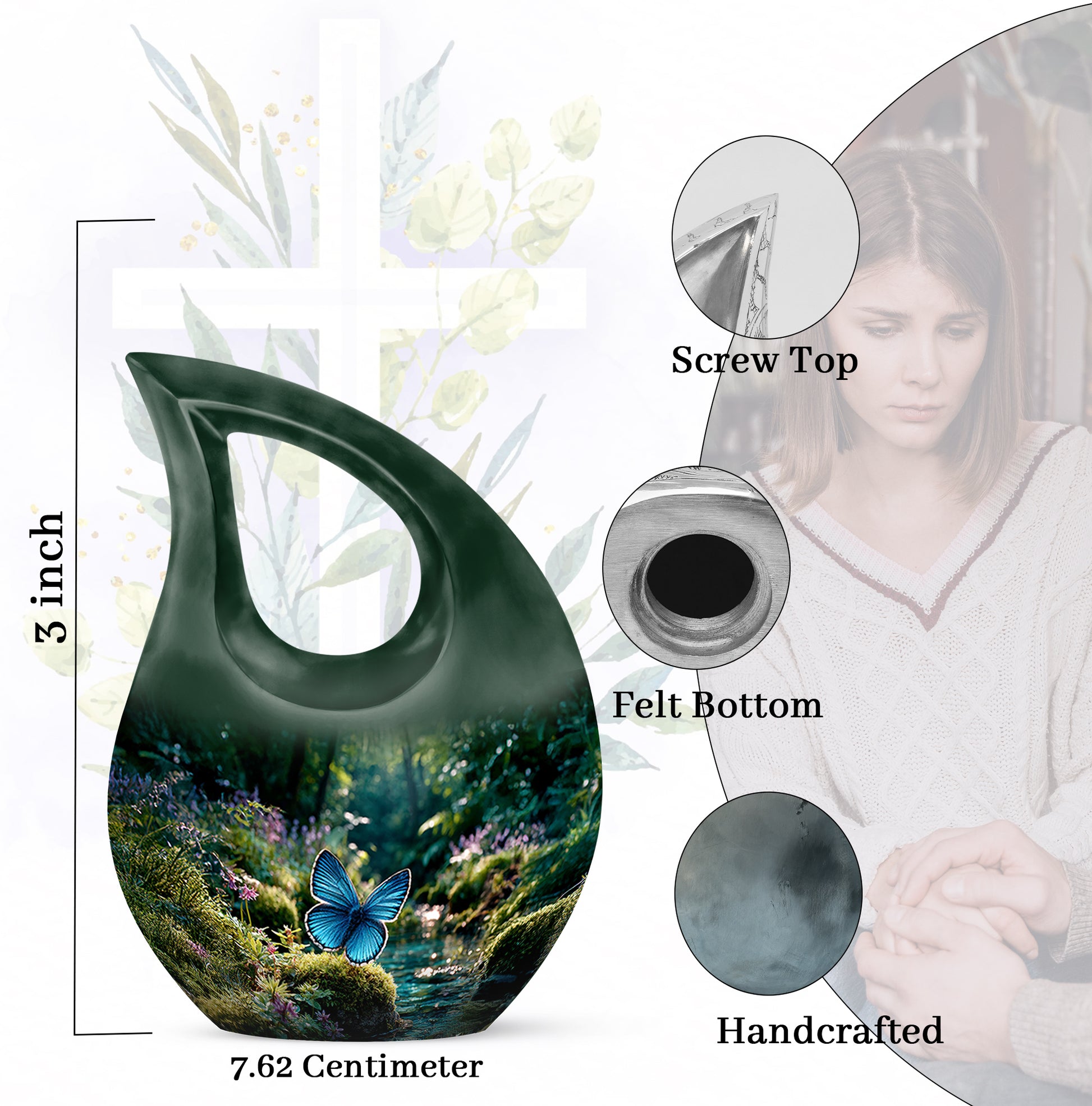 Jade Green Butterfly Cremation Urn back view with polished surface - sacred cross merged with butterfly motif on metal - mini keepsake memorial for portion of cremation ashes
