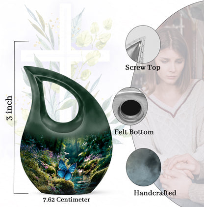 Jade Green Butterfly Cremation Urn back view with polished surface - sacred cross merged with butterfly motif on metal - mini keepsake memorial for portion of cremation ashes