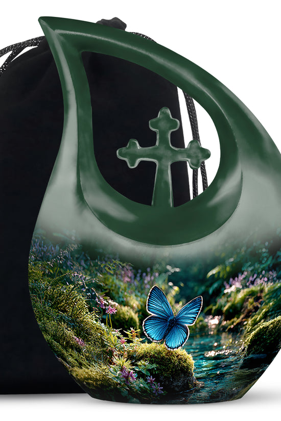 Hunter Green Butterfly Cremation Urn top-down view of secure threaded lid - devotional cross-drop butterfly engraving - full-size 10 inch 200 cubic inch adult cremation urn