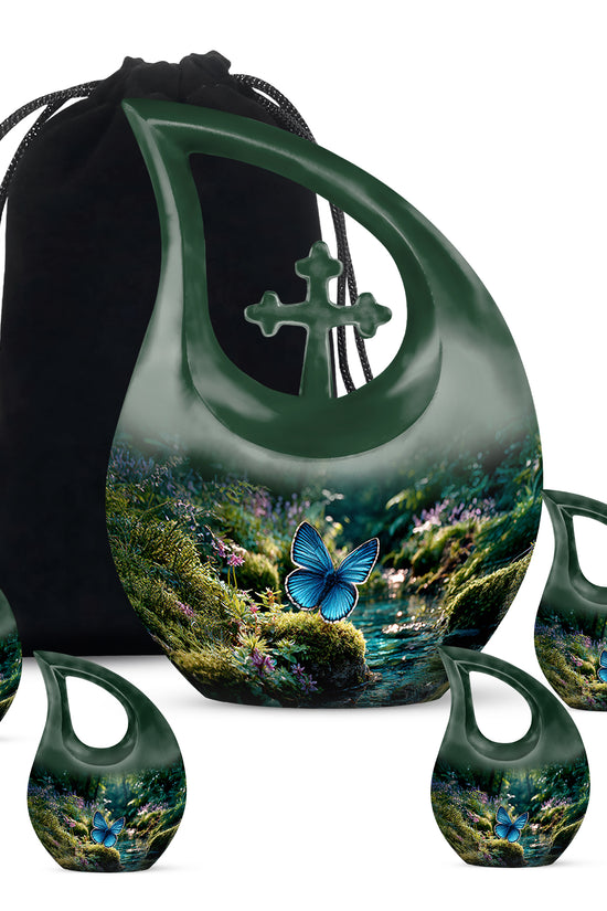 Forest Green Butterfly Cremation Urn urn with complimentary velvet bag - faith-inspired cross-drop urn with butterfly pattern - memorial set with one large and four small urns