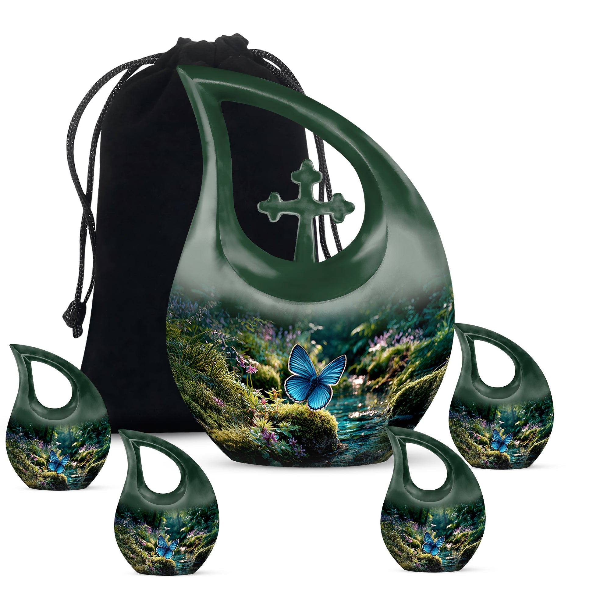 Forest Green Butterfly Cremation Urn urn with complimentary velvet bag - faith-inspired cross-drop urn with butterfly pattern - memorial set with one large and four small urns