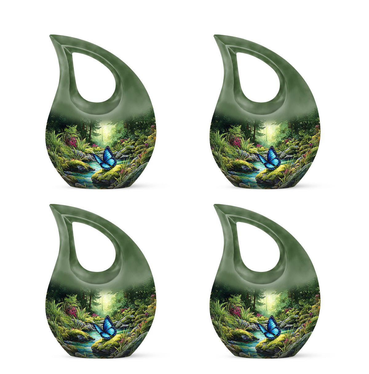 Emerald Green Butterfly Cremation Urn lifestyle display on memorial shelf - sacred cross merged with butterfly motif on metal - 10 inch aluminum urn for cremated remains