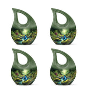 Emerald Green Butterfly Cremation Urn lifestyle display on memorial shelf - sacred cross merged with butterfly motif on metal - 10 inch aluminum urn for cremated remains