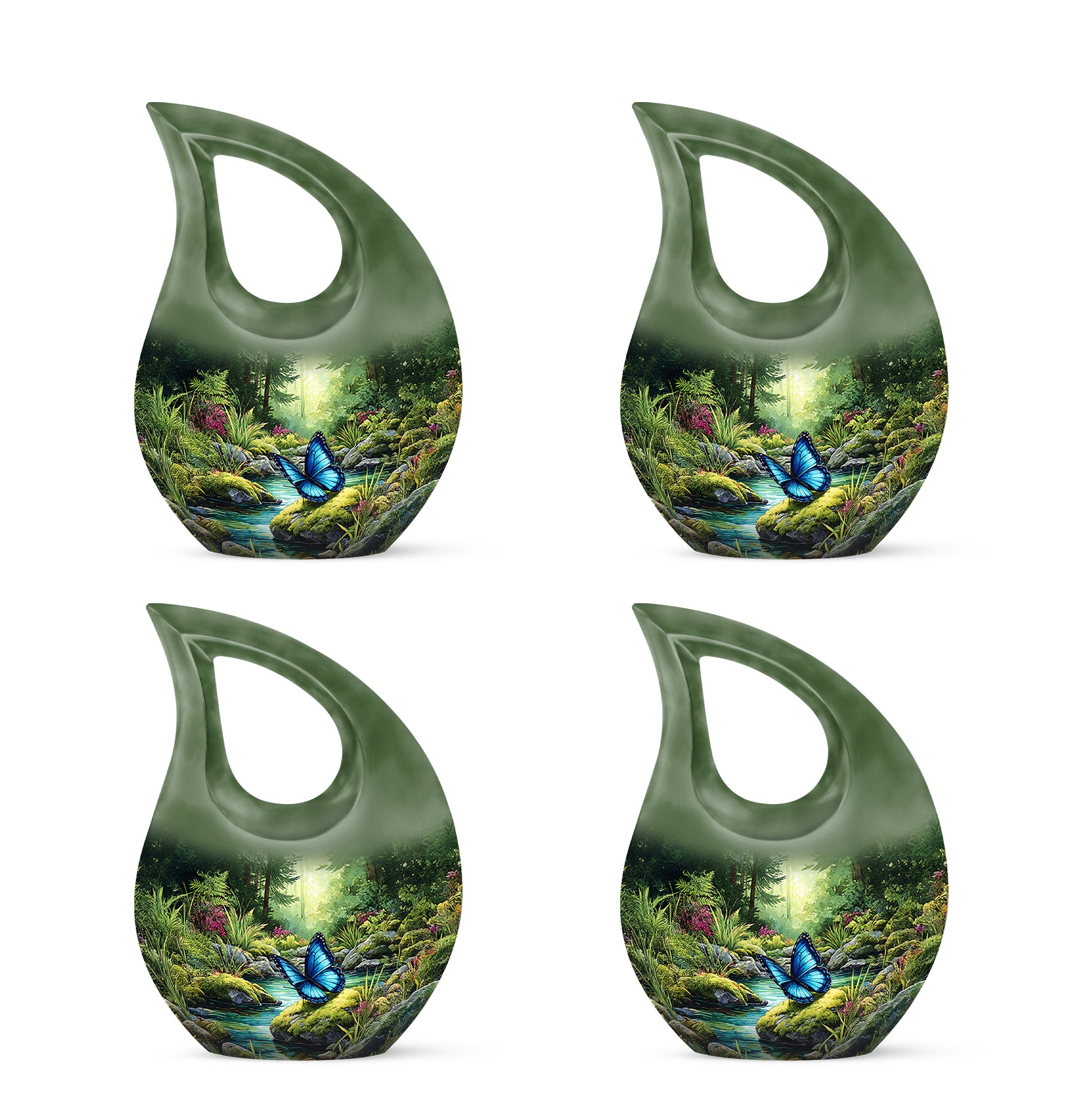 Emerald Green Butterfly Cremation Urn lifestyle display on memorial shelf - sacred cross merged with butterfly motif on metal - 10 inch aluminum urn for cremated remains