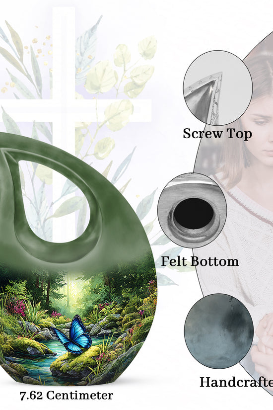 Sage Green Butterfly Cremation Urn back view with polished surface - cross and butterfly combined in spiritual memorial design - mini keepsake memorial for portion of cremation ashes