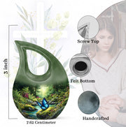 Sage Green Butterfly Cremation Urn back view with polished surface - cross and butterfly combined in spiritual memorial design - mini keepsake memorial for portion of cremation ashes