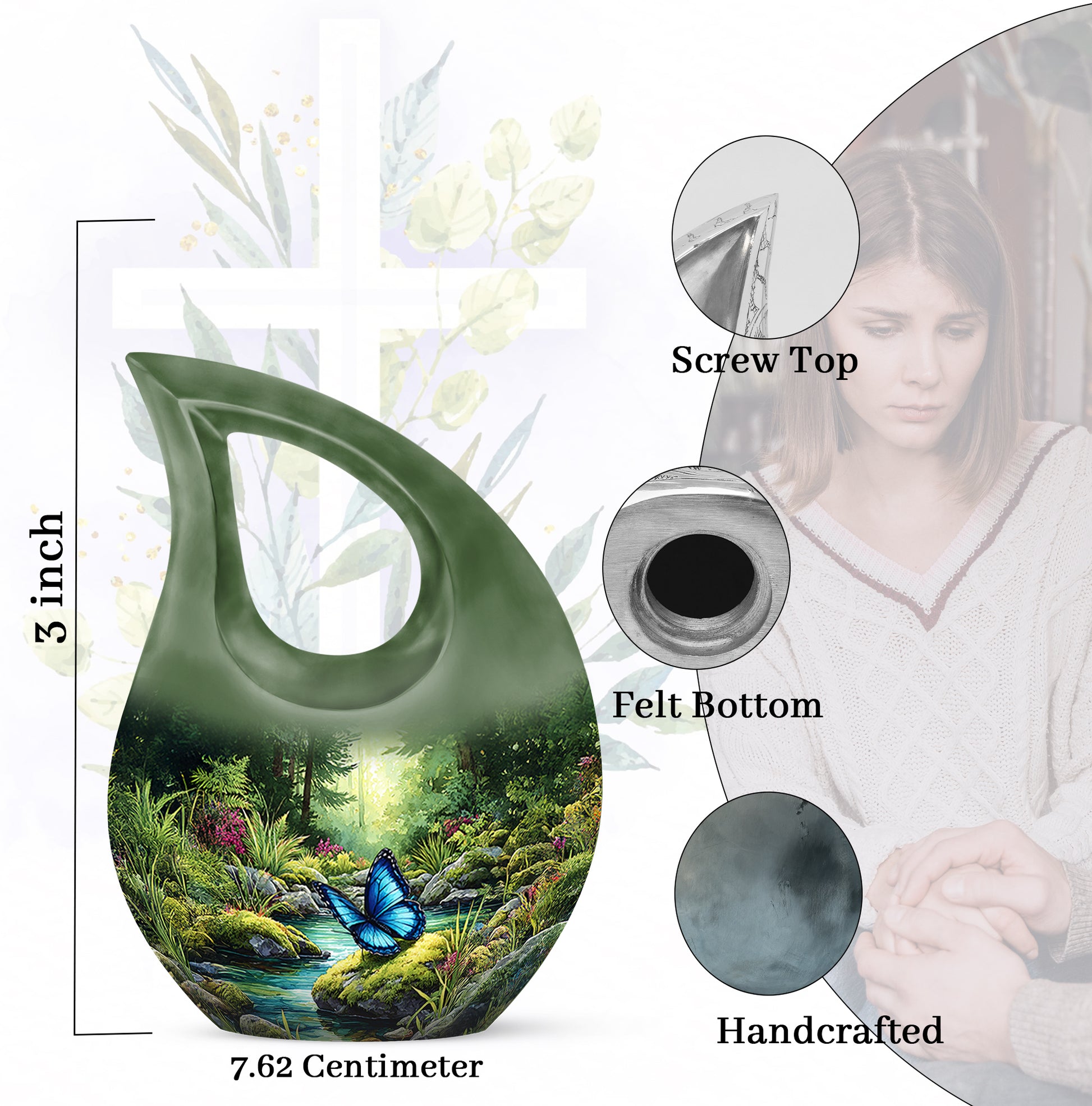 Sage Green Butterfly Cremation Urn back view with polished surface - cross and butterfly combined in spiritual memorial design - mini keepsake memorial for portion of cremation ashes