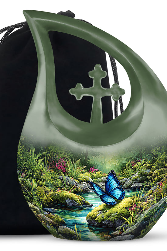 Blue Butterfly Theme Creamtion Urn - Beautiful Nature Theme Funeral Urn For Ashes