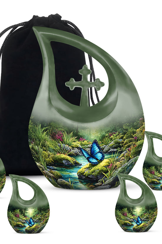 Forest Green Butterfly Cremation Urn urn with complimentary velvet bag - faith-inspired cross-drop urn with butterfly pattern - memorial set with one large and four small urns