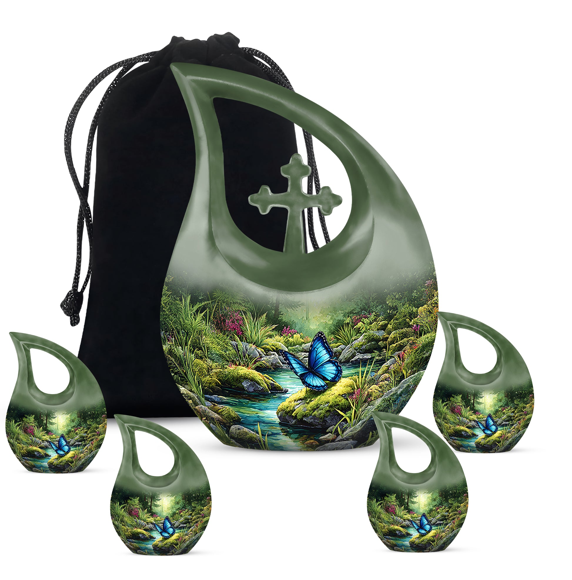 Forest Green Butterfly Cremation Urn urn with complimentary velvet bag - faith-inspired cross-drop urn with butterfly pattern - memorial set with one large and four small urns