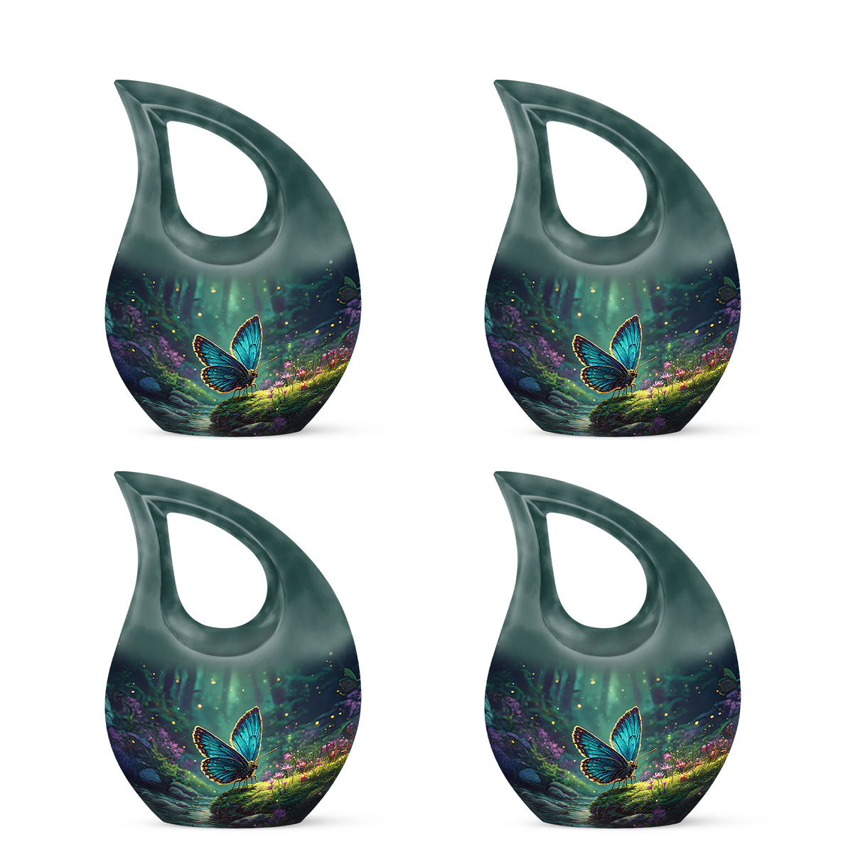 Soft Teal Butterfly Cremation Urn lifestyle display on memorial shelf - sacred cross merged with butterfly motif on metal - 10 inch aluminum urn for cremated remains