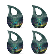 Soft Teal Butterfly Cremation Urn lifestyle display on memorial shelf - sacred cross merged with butterfly motif on metal - 10 inch aluminum urn for cremated remains