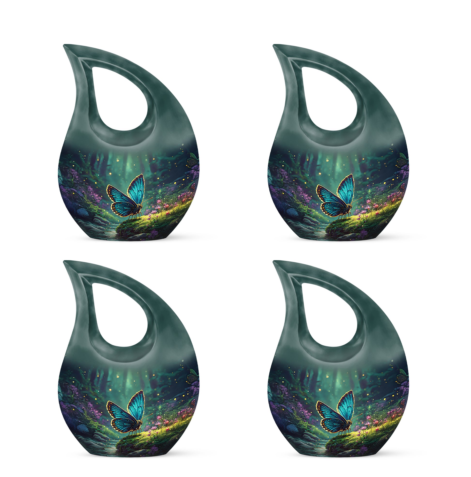 Soft Teal Butterfly Cremation Urn lifestyle display on memorial shelf - sacred cross merged with butterfly motif on metal - 10 inch aluminum urn for cremated remains