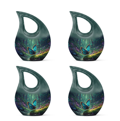 Soft Teal Butterfly Cremation Urn lifestyle display on memorial shelf - sacred cross merged with butterfly motif on metal - 10 inch aluminum urn for cremated remains