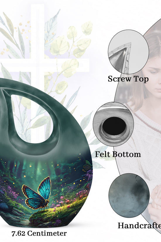 Soft Teal Butterfly Cremation Urn back view with polished surface - sacred cross merged with butterfly motif on metal - mini keepsake memorial for portion of cremation ashes