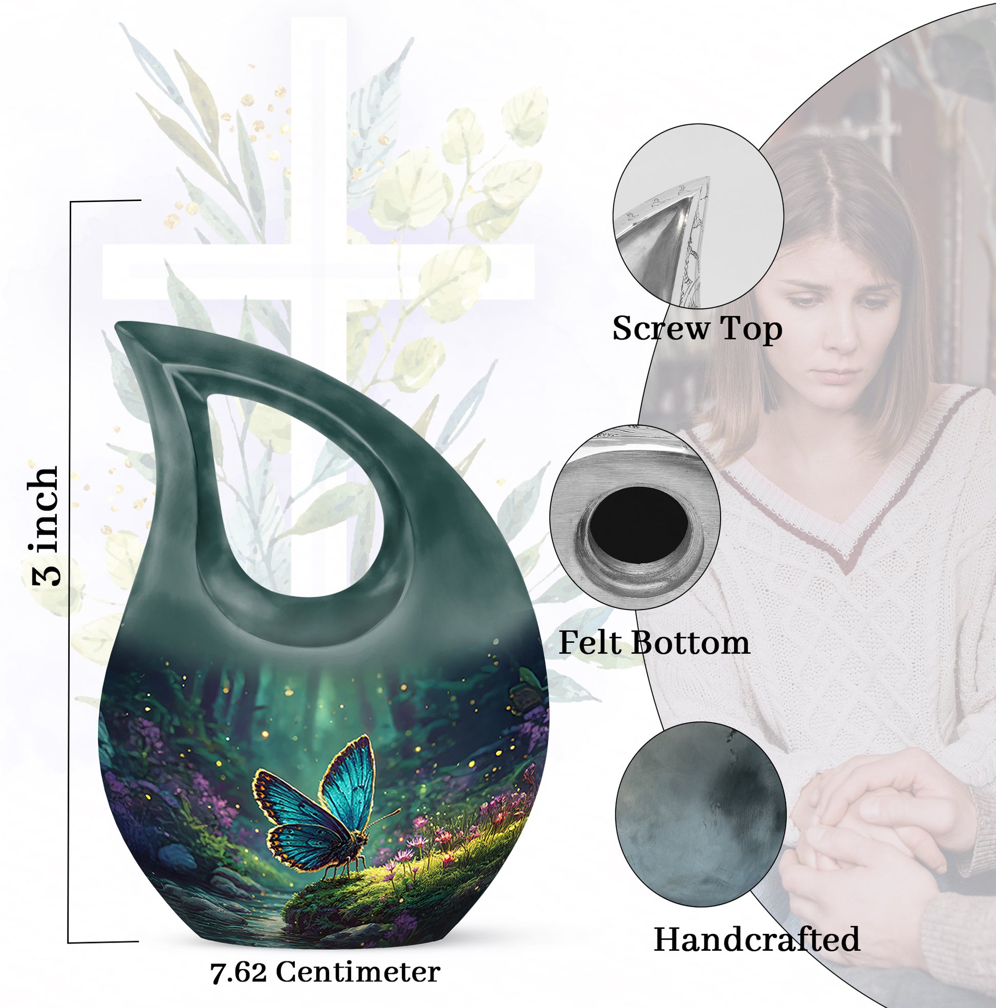 Soft Teal Butterfly Cremation Urn back view with polished surface - sacred cross merged with butterfly motif on metal - mini keepsake memorial for portion of cremation ashes