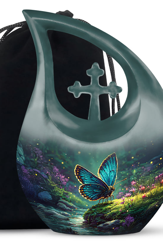 Tropical Teal Butterfly Cremation Urn top-down view of secure threaded lid - faith-inspired cross-drop urn with butterfly pattern - full-size 10 inch 200 cubic inch adult cremation urn